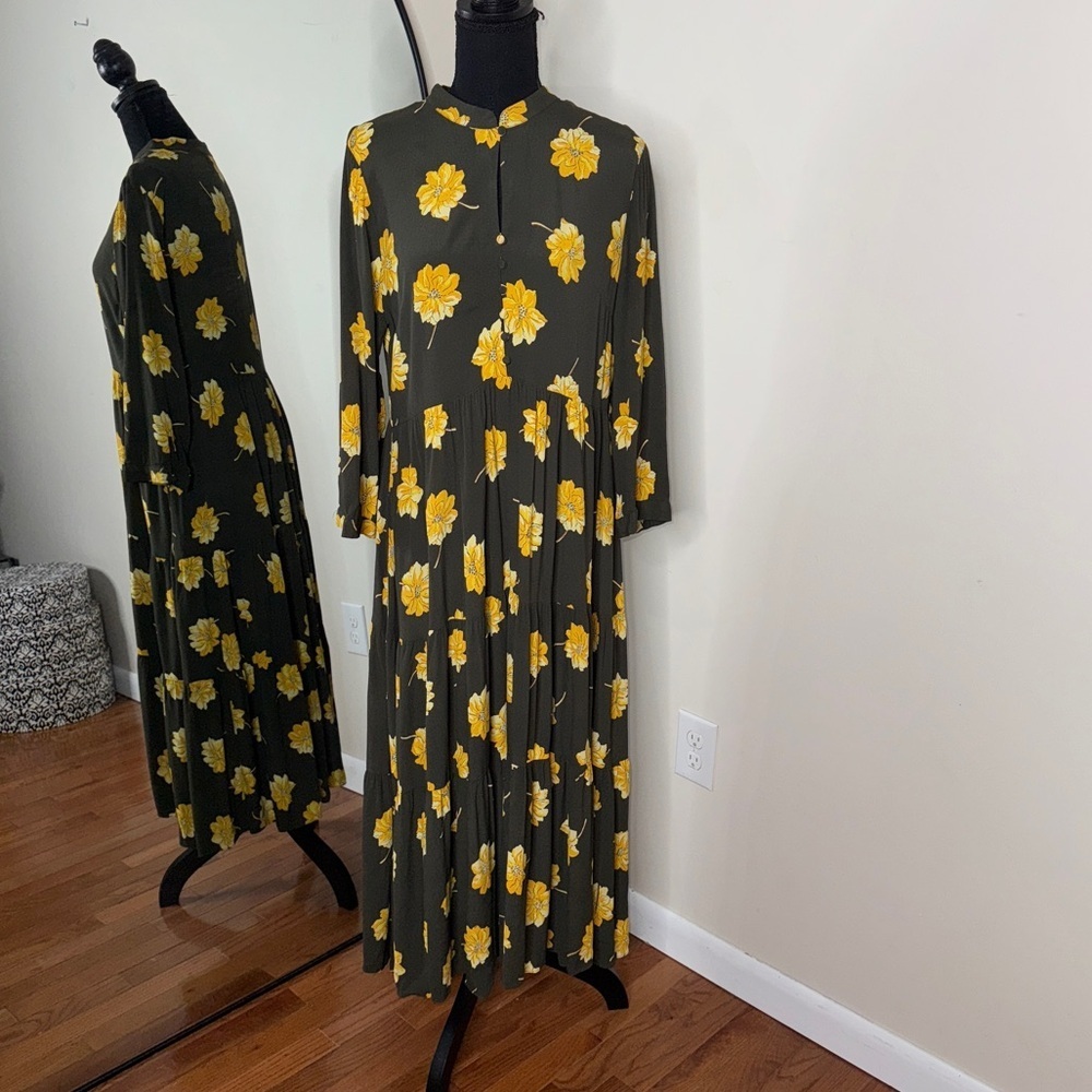Madewell Button Front Tier Floral Dress Olive Yellow Size M
